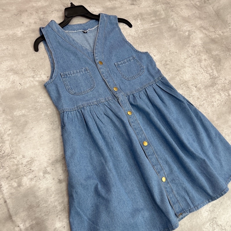 Váy bò sát nách xanh nhạt, chất jean mền đầm dáng xoè-Minxy shop