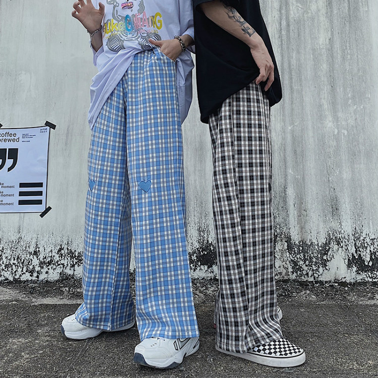 Harajuku style wide leg pants lovers Plaid straight pants men's and women's casual pants