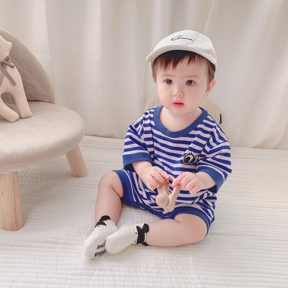 Áo Liền Quần Ngắn Tay Họa Tiết Sọc Thời Trang Cho Bé Trai Sơ Sinh