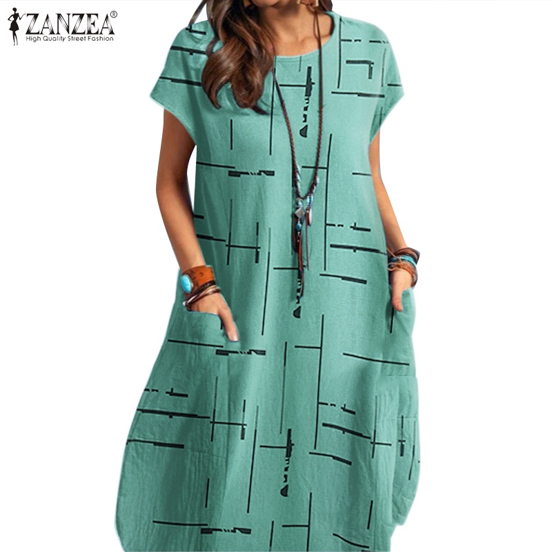 Zanzea Đầm Midi Ngắn Tay Cổ Tròn In Họa Tiết Phong Cách Châu Âu Thời Trang Cho Nữ