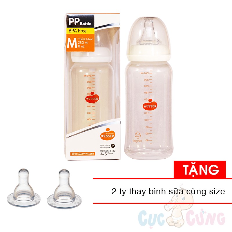 Combo Bình sữa Wesser Nano Silver cổ thường 250ml Tặng 2 ty cùng size