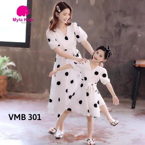 Set đầm đôi mẹ và bé gái họa tiết chấm bi chất liệu voan lụa an toàn cho da bé 1-2-3-4-5-6-7-8-9-10 tuổi Myla Kids