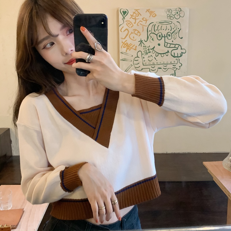 Áo sweater dáng ngắn màu sắc tương phản thời trang phong cách retro cho nữ