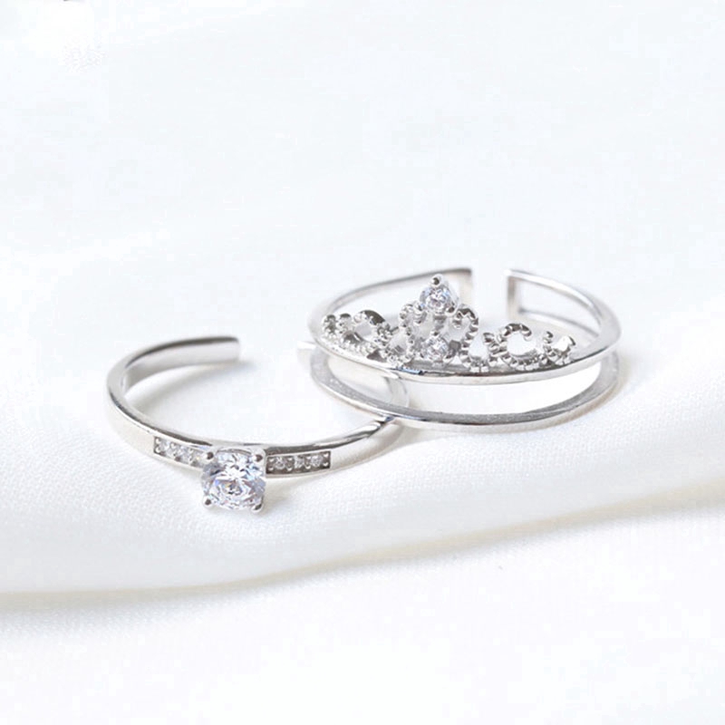 Nhẫn Pha Lê Vương Miện 2Pcs In One Charm Crystal Crown Zircon Silver Wedding Ring Women Jewelry