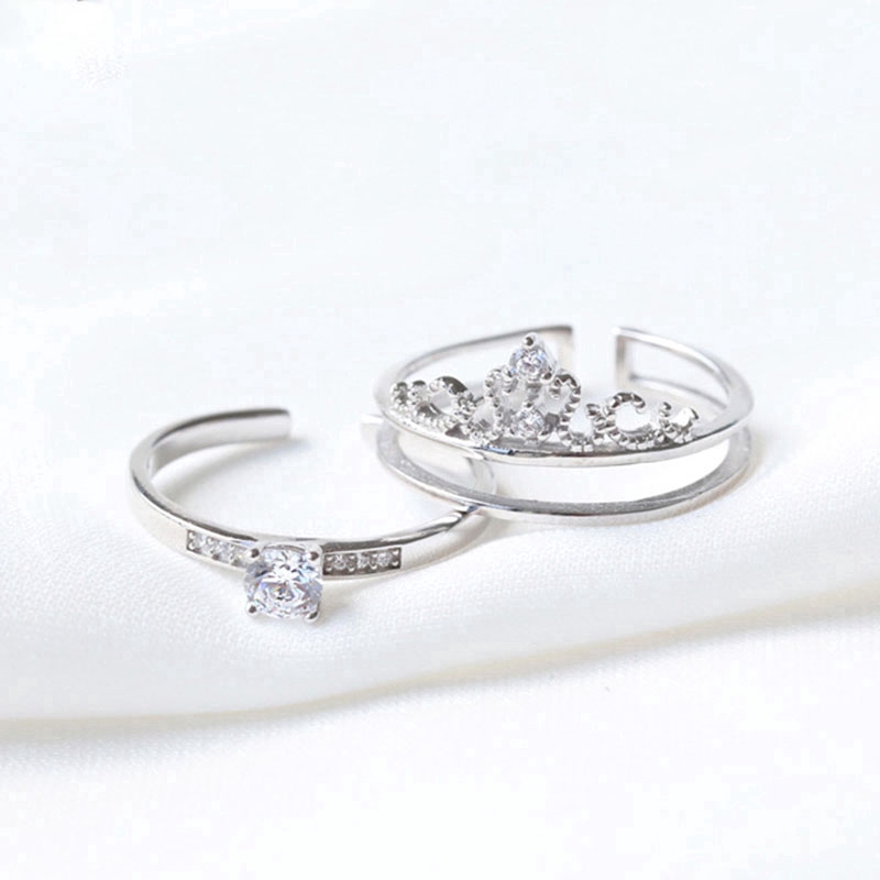 Ahellogirl Nhẫn Pha Lê Vương Miện 2Pcs In One Charm Crystal Crown Zircon Silver Wedding Ring Women Jewelry