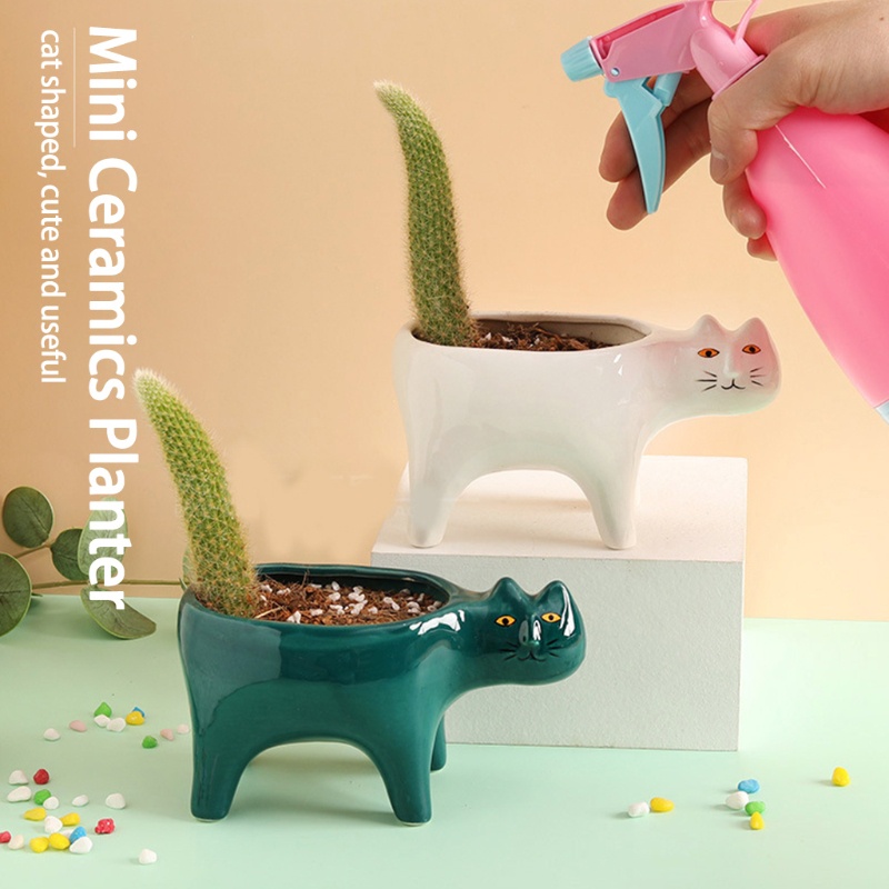 Chậu trồng cây bằng gốm hình mèo hoạt hình có lỗ thoát nước
