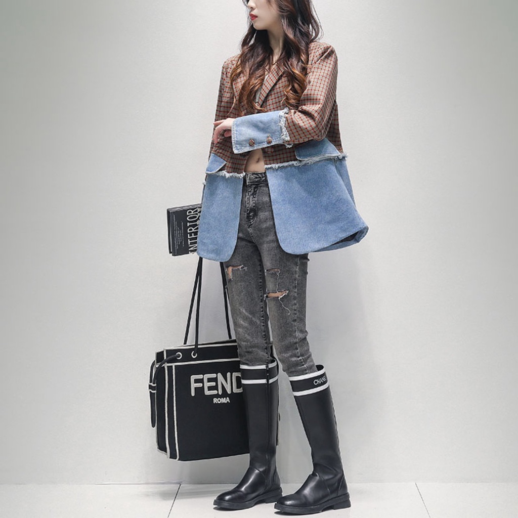(Sẵn Đen M)Áo blazer phối denim phong cách độc đáo-HC521.Ảnh thật 5 hình cuối