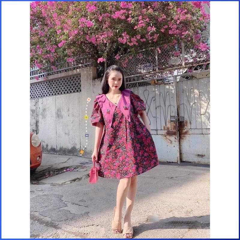 Đầm suông hoa nhí cổ nhọn MATHOA, Đầm hoa form rộng tay phồng bầu bì bon chen