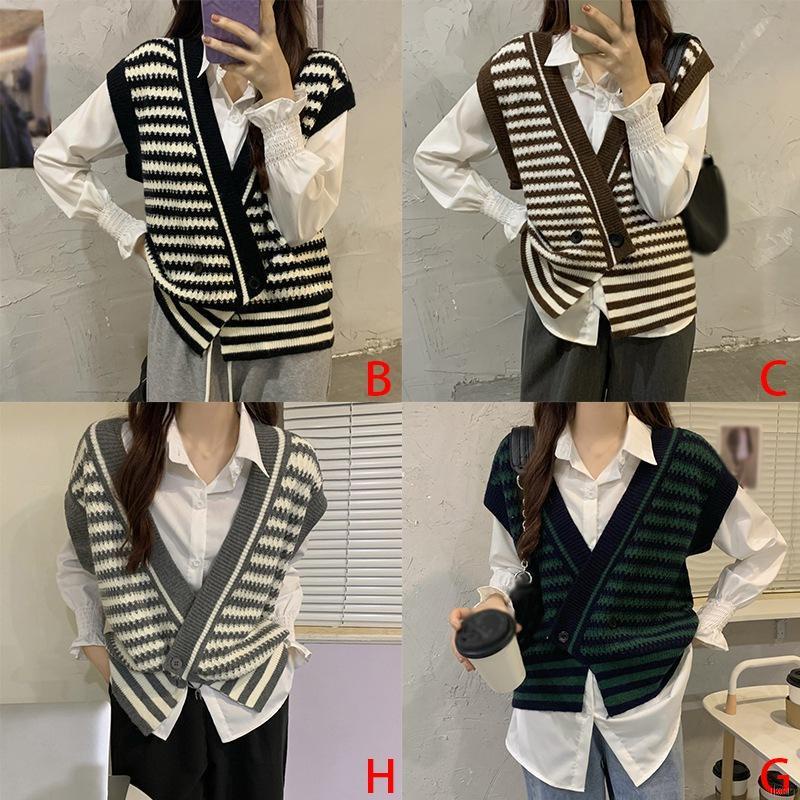 Áo len không tay họa tiết kẻ sọc phong cách retro Hàn Quốc cho nữ