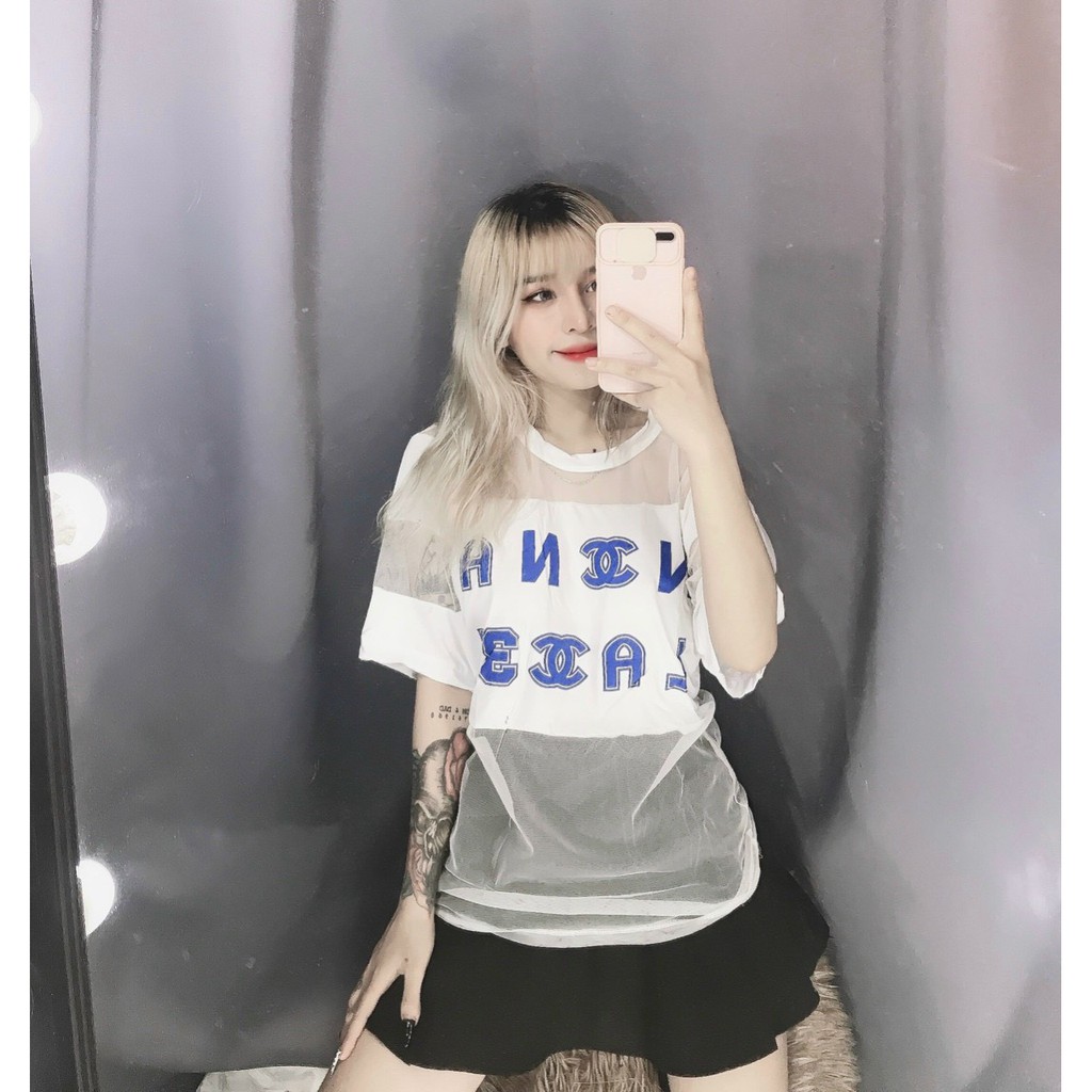 Áo lưới form rộng in chữ hiệu to trước cực xinh , chất lưới có kèm lót trong mềm mịn