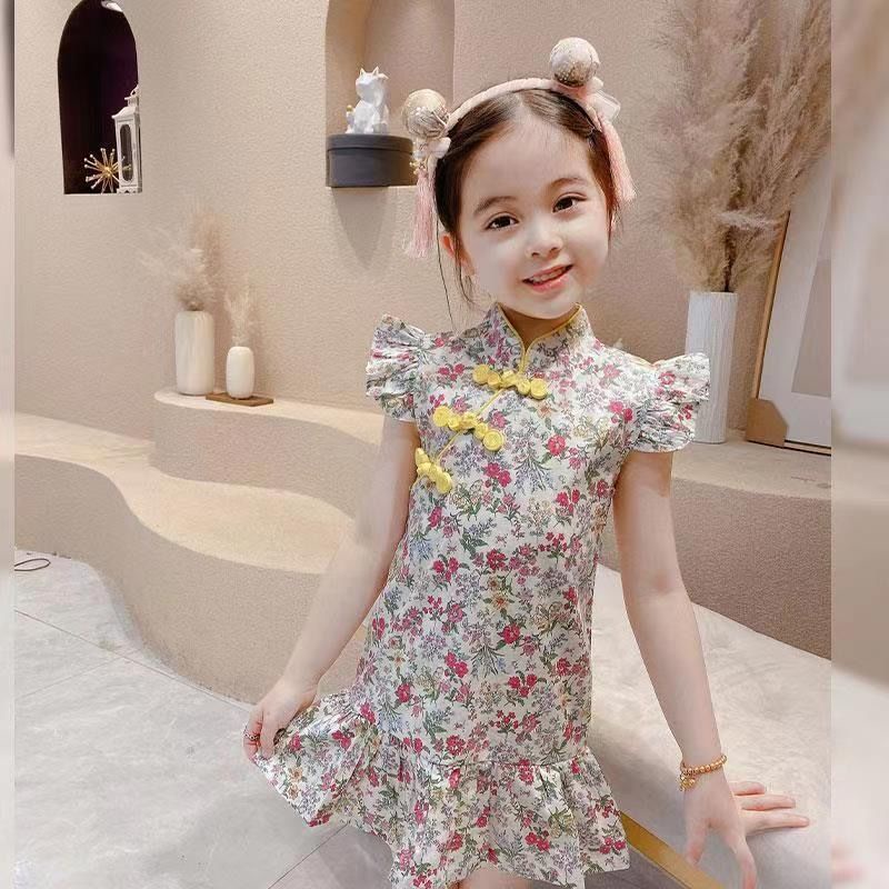 Đầm Sườn Xám Cách Tân Tay Ngắn Bằng Vải bông Phong Cách Trung Hoa Dành Cho Bé Gái 1-9 Tuổi