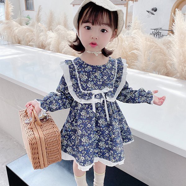 Váy Hoa Dài Tay Viền Bèo Trắng Cho Bé