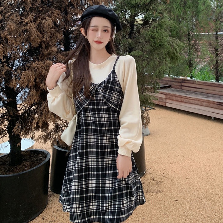 Đầm Tay Phồng Giả Hai Lớp Họa Tiết Sọc Caro Thời Trang Mùa Thu Cho Nữ