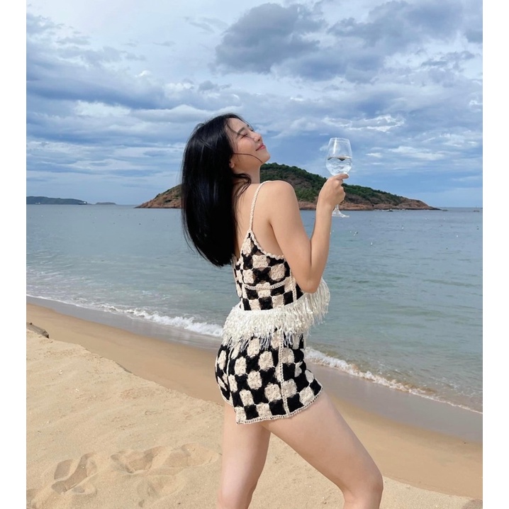 Set áo quần ren caro thêu đi biển hàng đẹp