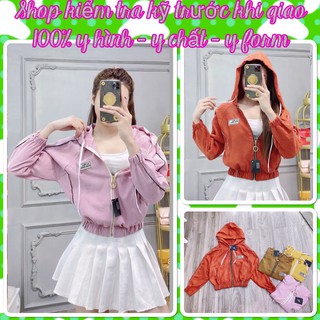 Áo Khoác Nữ Lửng Nhung Bố Thêu Logo Có Nón Chống Nắng Thời Trang Hàng Hiệu - Ảnh kèm video