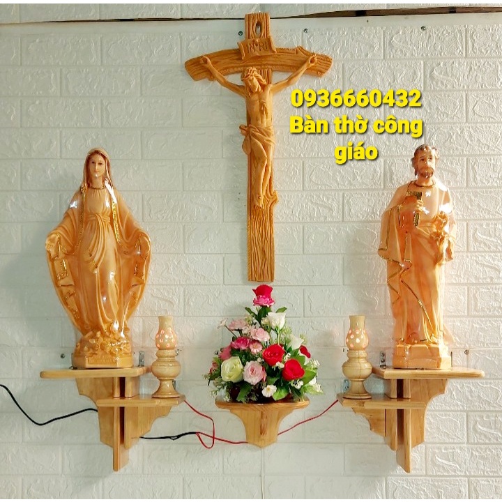 BỘ BÀN THỜ CÔNG GIÁO TƯỢNG 50CM 66CM KỆ THÔNG GỖ THÔNG SOLE ĐỐI XỨNG 2 BÊN, KỆ GIỮA ĐỂ HOA