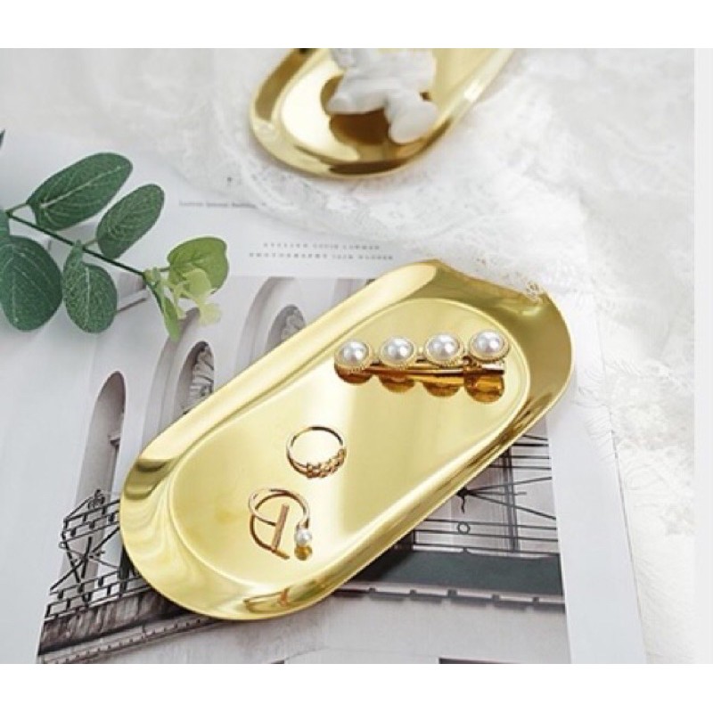 Đĩa kim loại decor khay kim loại oval trang trí màu vàng đồng gold, trắng silver, màu hologram ánh gương