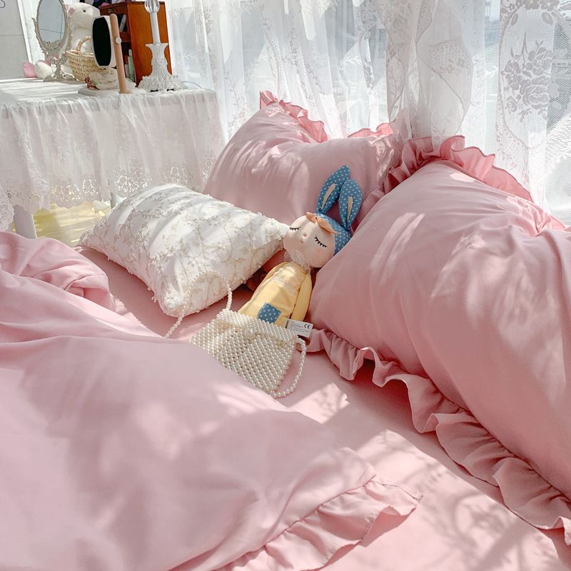 Bộ chăn ga gối Cotton tici viền bèo đáng yêu drap giường Hàn quốc ga trải bo chun đủ size - Màu Hồng phấn viền bèo