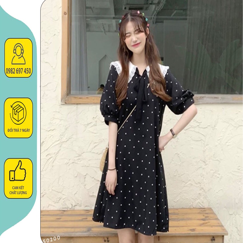 VÁY BẦU CÔNG SỞ - ĐẦM BẦU CHẤM BI CỔ SEN BÈO TRẮNG TIỂU THƯ PHỐI DÂY NƠ XINH XẮN CHO MẸ BẦU XINH XẮN ĐÁNG YÊU. V-01