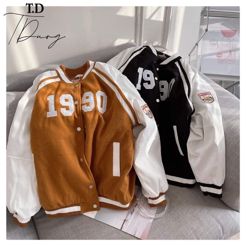 Áo khoác bomber dáng rộng hàng hai lớp logo thêu đắp 2 màu đen/ nâu cam 2 size SM (40-62 kg)