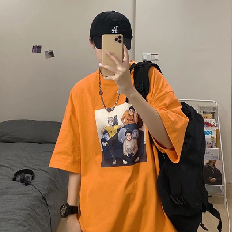 Áo Thun Mùa Hè Dáng Rộng Tay Cộc Cổ Tròn In Họa Tiết Hoạt Hình Phong Cách Hip Hop Đường Phố Cho Nam Và Nữ size M-8XL