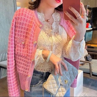 Áo khoác cardigan len tweed dạ kiểu nữ sọc caro dày dặn tiểu thư - Order taobao quảng châu