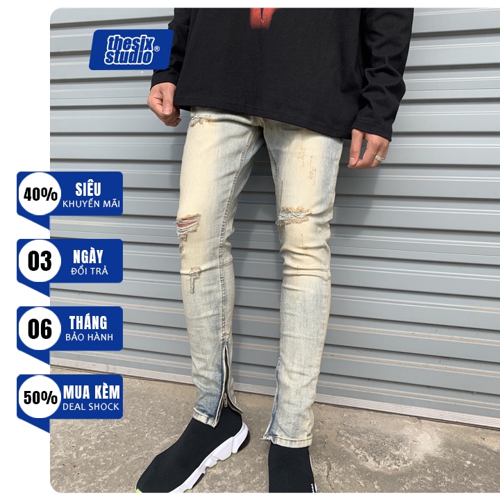 Quần jean nam zipper form skinny  Rách gối Streetwear Thesix [#902R]