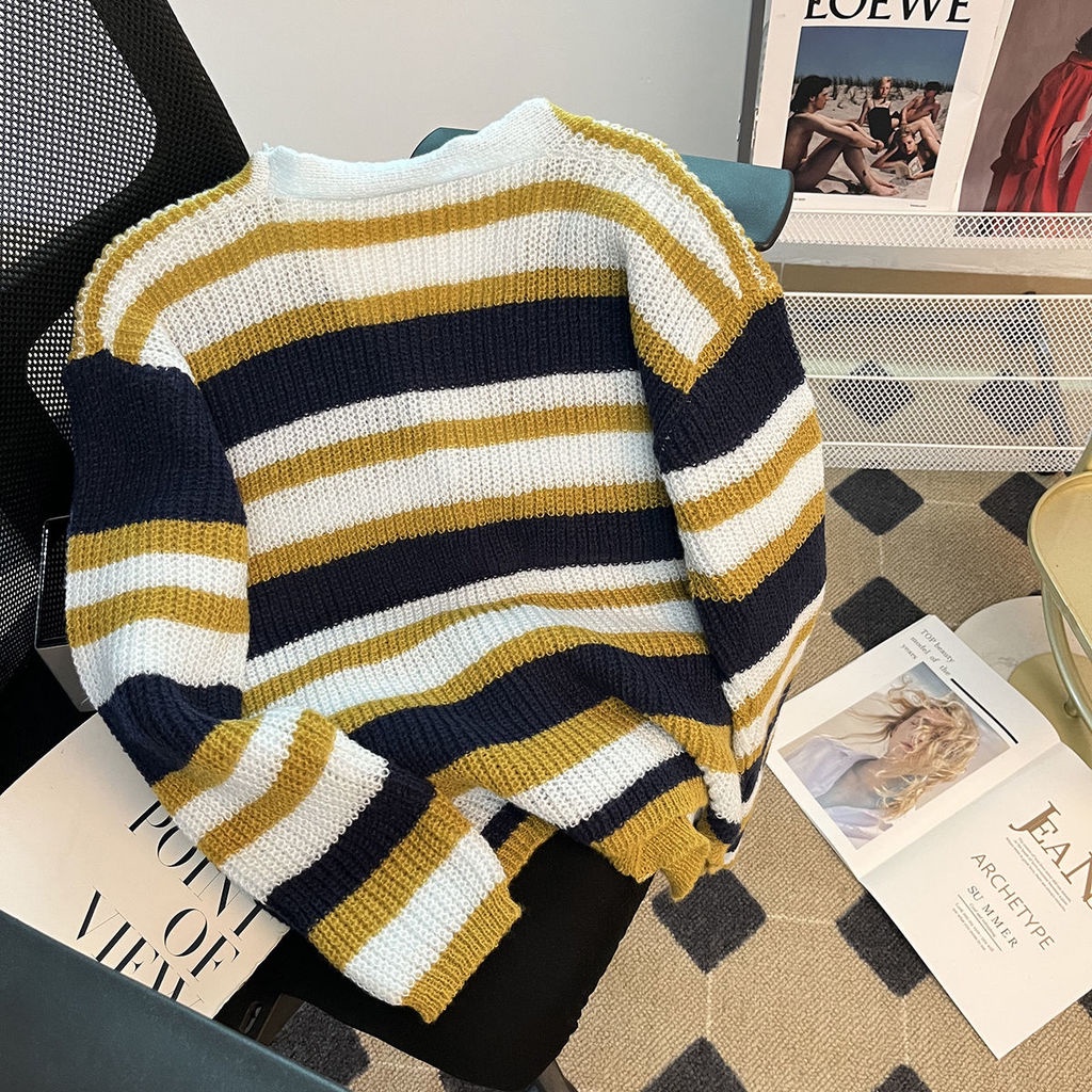 Áo Khoác cardigan Cổ Chữ v Họa Tiết Kẻ Sọc Màu Sắc Tương Phản Phong Cách Hàn Quốc