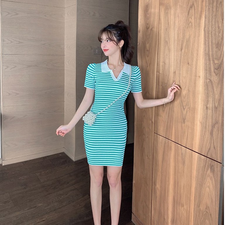 [Váy polo kẻ dệt kim] Đầm len dệt kim polo ôm body gợi cảm hàng quảng châu | BigBuy360 - bigbuy360.vn