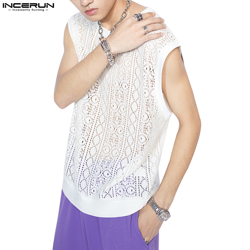 Áo thun ba lỗ Incerun vải ren xuyên thấu thời trang trẻ trung dành cho nam