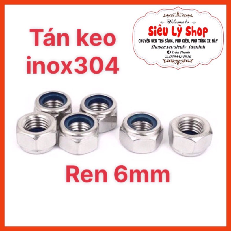 Tán keo inox 304 Ren 6mm (có keo chống xoay)