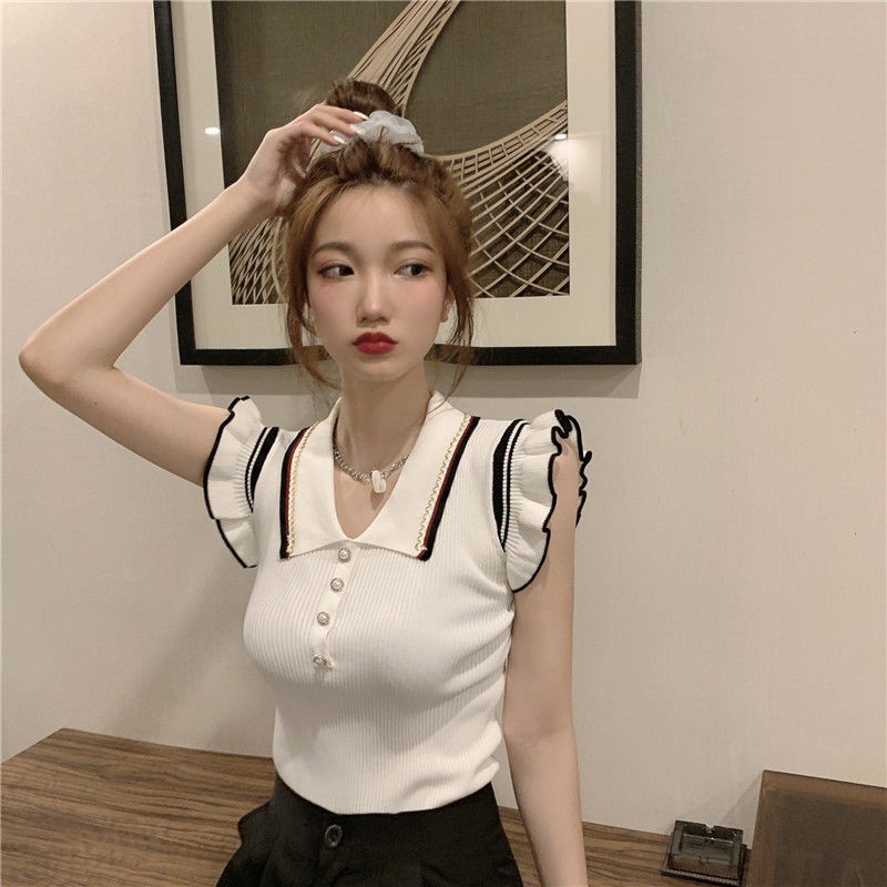 Áo Dệt Kim Sát Nách Cổ Polo Vải Lụa Lạnh Mỏng Thời Trang Mùa Hè 2022 Cho Nữ