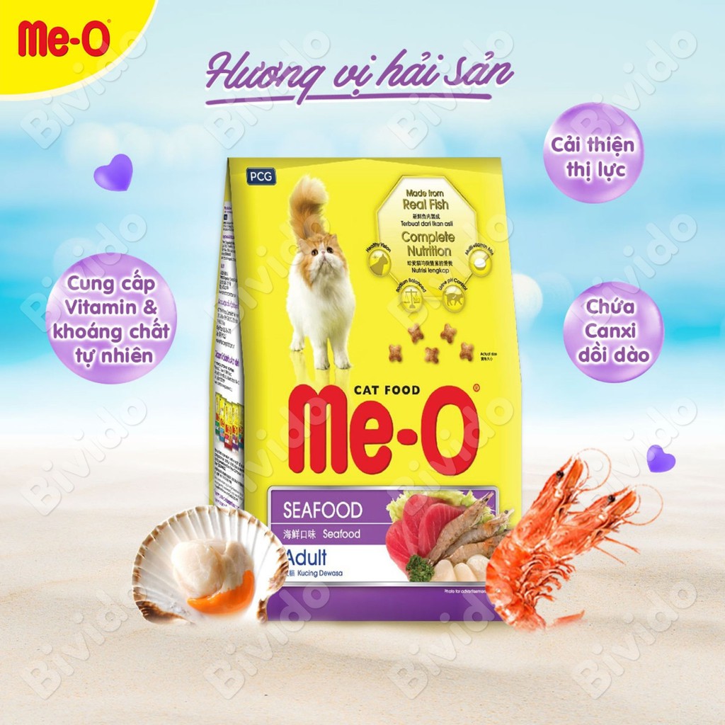 Thức ăn mèo lớn Me-O Adult vị cá thu, cá ngừ, hải sản túi 350g - Bivido