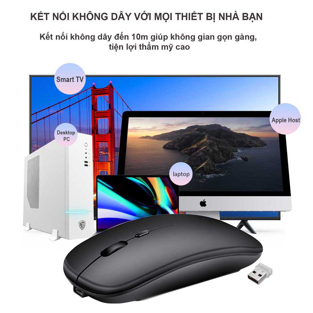 Chuột không dây Bluetooth wireless USB tự sạc pin HXSJ M90 siêu mỏng, chống ồn chuyên dùng cho macbook, laptop, pc, tivi