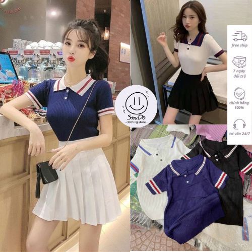 Áo Len Dệt Kim Cổ Bẻ Nút Sọc Tay Ngắn | Smide Clothing