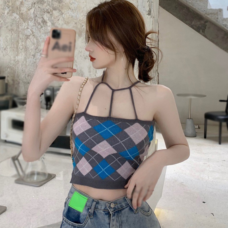 Áo Hai Dây Dệt Kim Hoạ Tiết Hình Thoi Cho Nữ