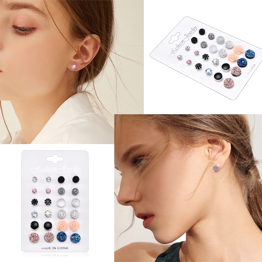 12 cặp khuyên tai đính pha lê hình tròn/hoa hồng thanh lịch cho nữ