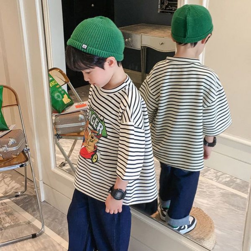 Áo Thun Tay Ngắn Cổ Tròn Họa Tiết Hoạt Hình Kẻ Sọc Thời Trang Mùa Hè 2022 Cho Bé Trai