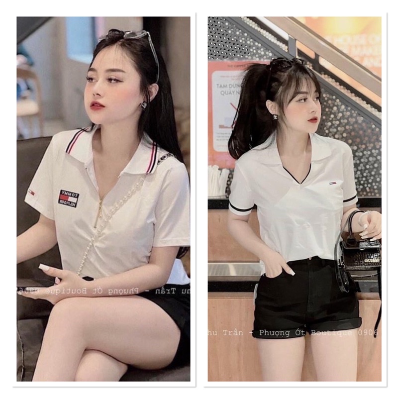 Áo polo trắng viền đỏ đen mác hiệu cộc tay