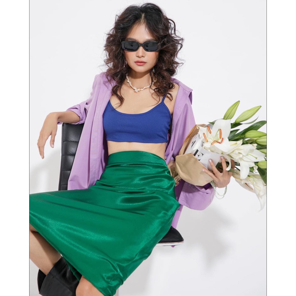 Chân váy lụa xanh midi Fabric Holic