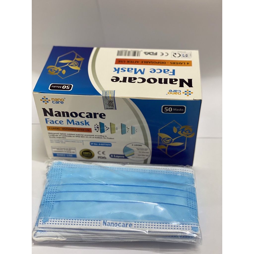 Khẩu trang kháng khuẩn 4 lớp, NanoCare, Màu xanh, Hộp/50 chiếc