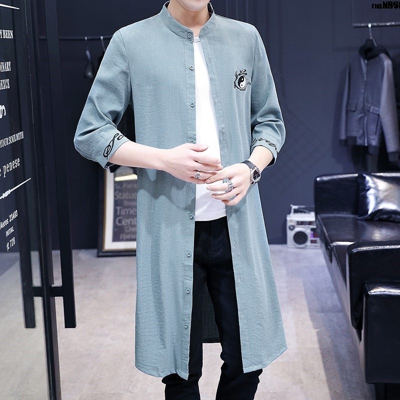 Áo Khoác Gió Dáng Dài Chống Gió Tay Lửng Phong Cách Trung Hoa Thời Trang Mùa Hè Cho Nam