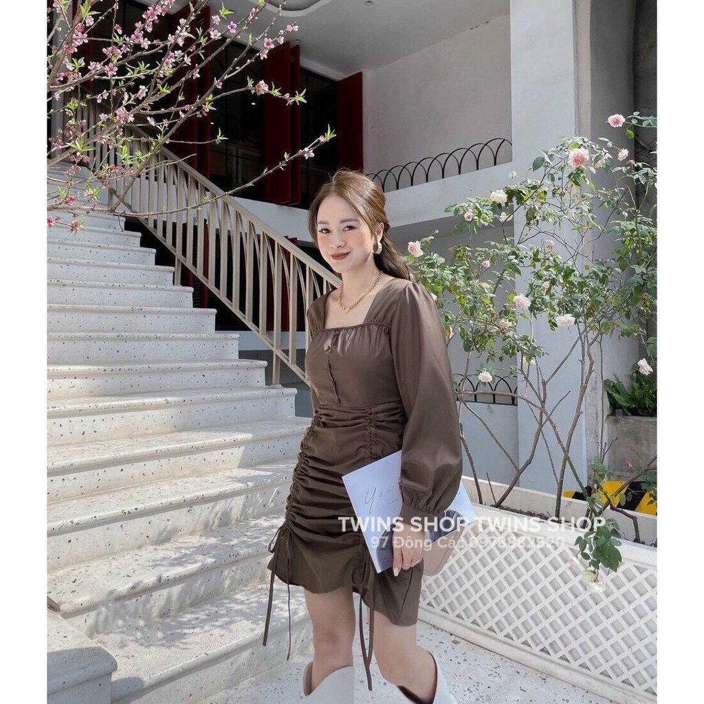 Váy Cổ Vuông Tay Bồng Rút Dây Nhún Tầng Be Nâu  Đầm Dự Tiệc Dài Tay Dây Nơ 2 Màu