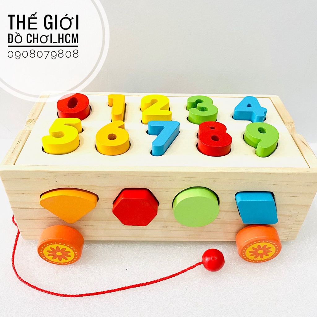 [BỔ ÍCH] Đồ chơi gỗ thông minh MONTESSORI xe kéo thả hình khối kết hợp bảng số đếm, hình khối giúp bé học nhận biết