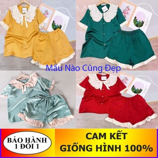 Bộ ngủ nữ pijama bèo tiểu thư chất phi lụa tay cộc quần đùi mặc nhà thoải mái