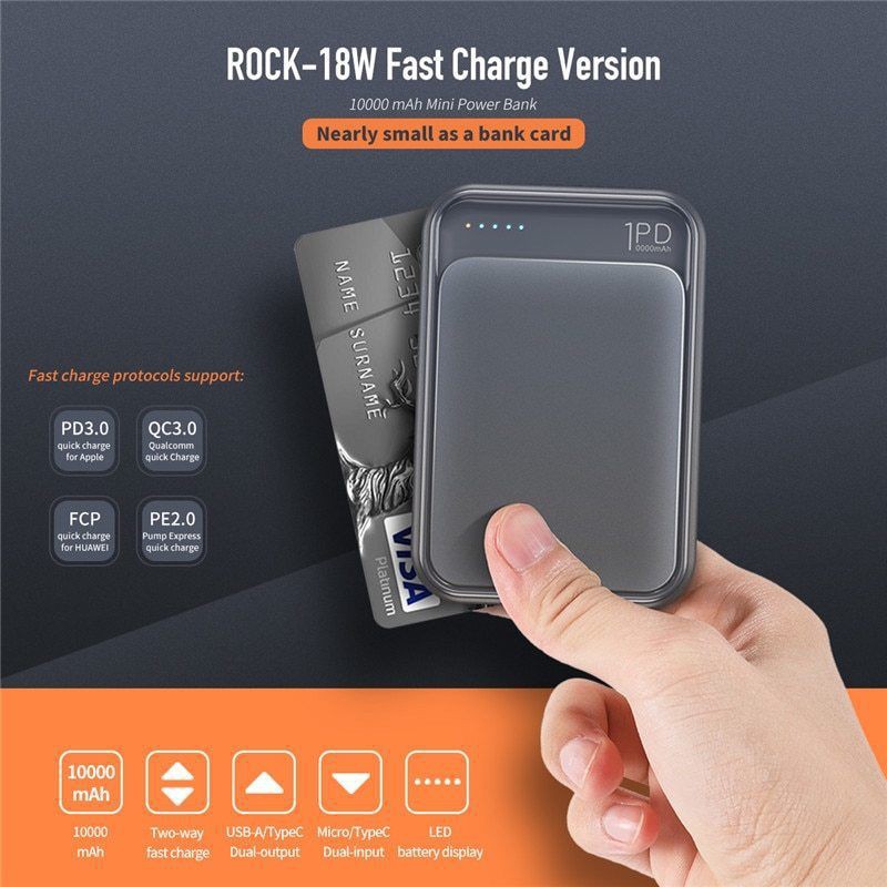 Sạc Dự Phòng ROCK P65 Mini 10.000 mAh Hỗ Trợ Sạc Nhanh PD Và Quick Charge 3.0