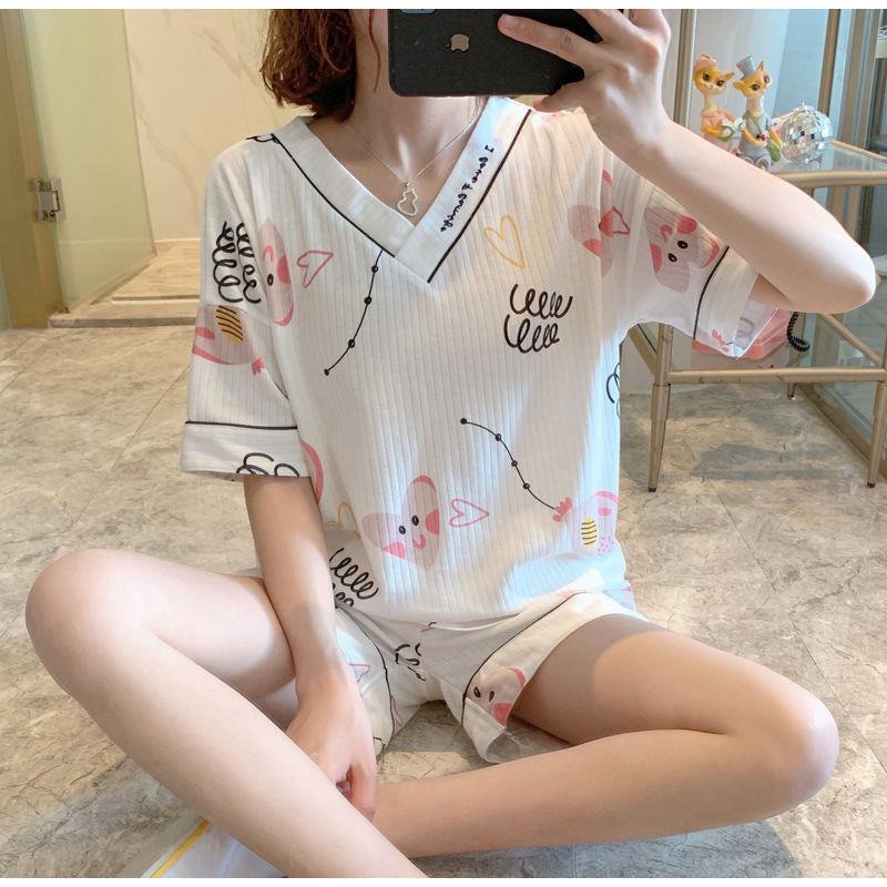 Bộ Đồ Mặc Nhà Nữ LALILA Cổ V Hoạ tiết Dễ Thương Thoáng Mát Cho Mùa Hè A008