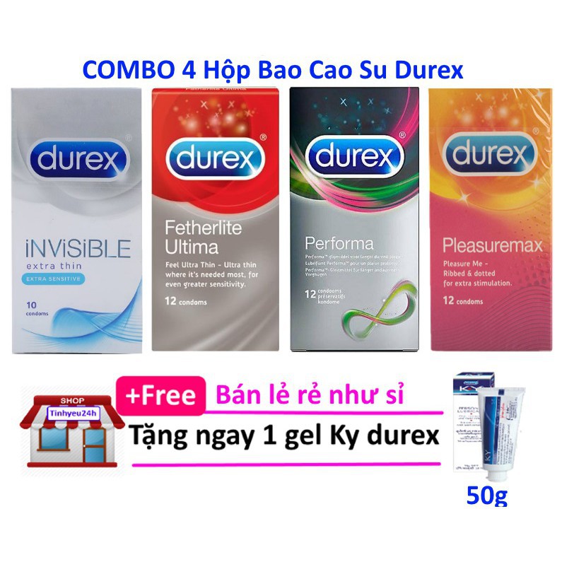 COMBO 4 Hộp Bao Cao Su Durex Invisible - Durex Fettherlite Utima - Durex Performa - Durex Pleasuremax - Tặng 1 Gel Ky