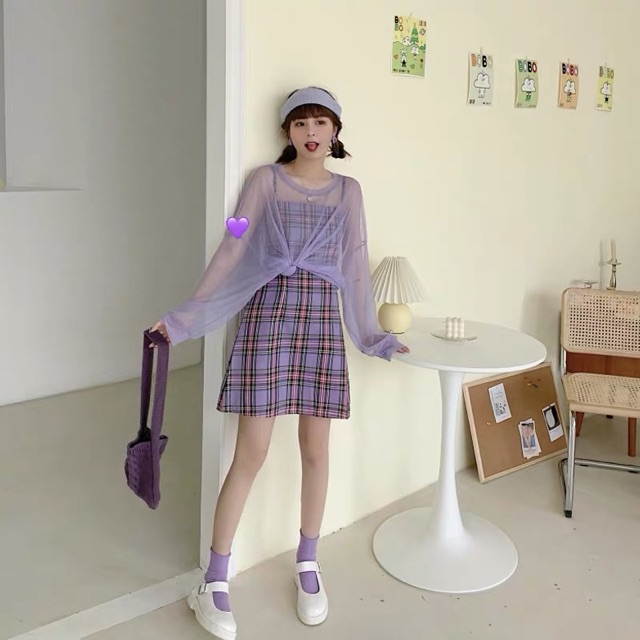 SẴN | Set váy hai dây tím , áo lưới ulzzang