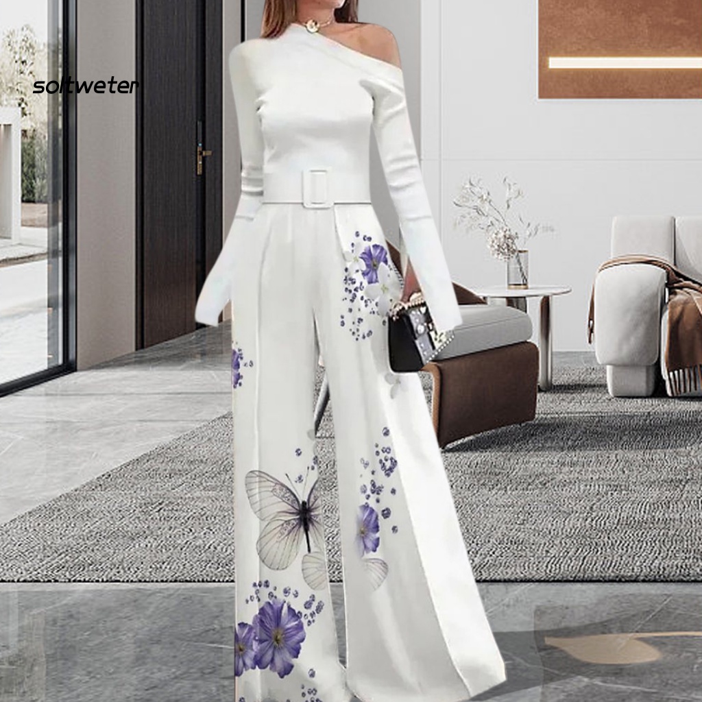 St Bộ Áo Liền Quần Ống Rộng Cổ Xiên Trang Trọng Dễ Phối Đồ Cho Nữ